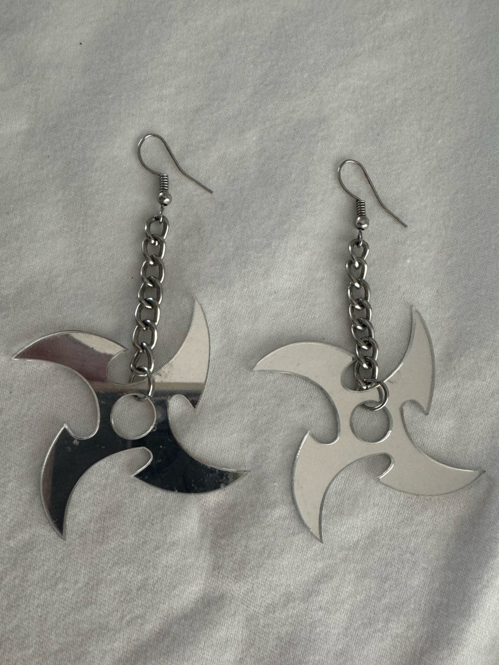 Handmade Silver Mirrored Chain and Ninja Star Dangle Earrings